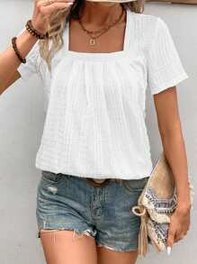 SHEIN LUNE Women's Casual White Jacquard T-Shirt - White - View 3