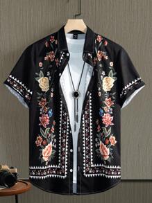 男士花卉印花短袖休閒襯衫，夏季 - 黑色 - 查看 1