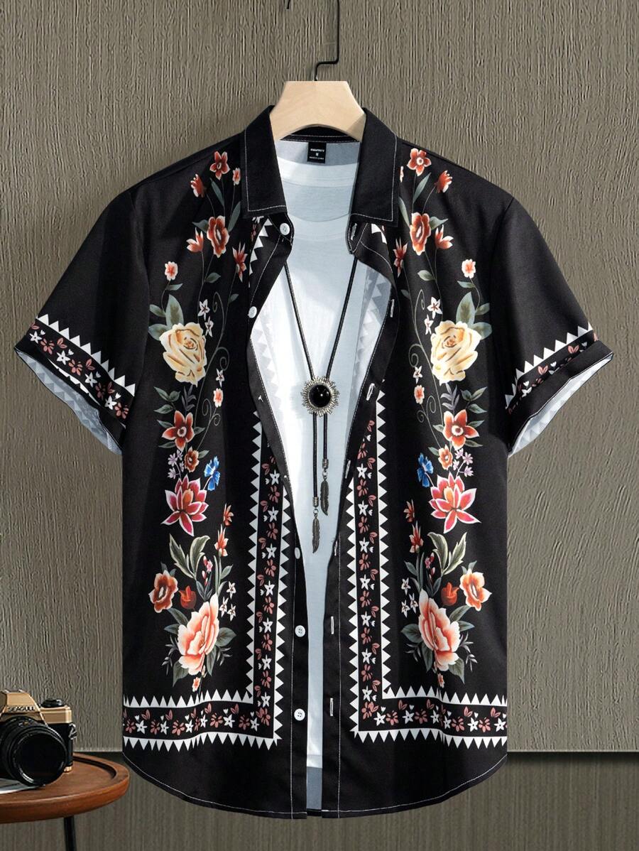 男士花卉印花短袖休閒襯衫，夏季 - 黑色 - 查看 1