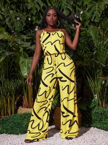 Slaydiva 全身字母印花女士跳躍裝，休閒吊帶腰寬腿褲-C