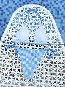 Swim Mod Women's Summer Beach Gingham Halter Neck Tie  Bikini Set, Random Print - Blue and White - View 6