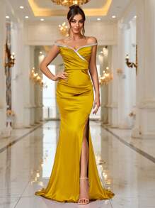 New Spring/Summer Off-The-Shoulder Ruched High Slit Fishtail Hem Evening Gown - Mustard Yellow - View 2