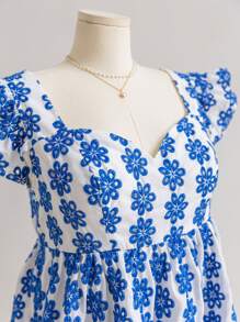 Soleia Áo cổ bèo thêu hoa cổ điển dành cho phụ nữ cỡ lớn, áo đi nghỉ mát & thường ngày mùa hè - Xanh và trắng - Xem 7