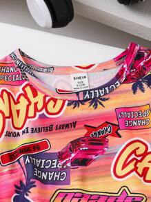 Infant Girls' Cool And Summer Outfit, 2pcs/Set Consisting Of Digital Print Short Knit T-Shirt And Simple Lightweight Pink Romper With Race Car Coconut Tree Sunset Theme - Hot Pink - View 8