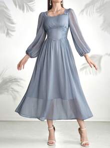 Modelyn Women's Summer Elegant Solid Color Lantern Sleeve Cinched Waist Dress - Dusty Blue - View 5