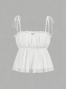 SHEIN EZwear Spring/Summer Mesh Rose Decoration Cinching Waist Cami Top - White - View 7