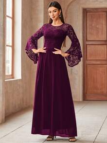 MIUSOL Floral Lace Flare Sleeve Round Neck Chiffon Evening Party Long Dress, Wedding Guest Dress, Formal Prom - Maroon - View 4