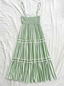 Soleia Women's Green & White Striped A-Line Dress, Suitable For Weddings, Beach, Music Festivals, Summer Bohemian Style Camisole Dress - Multicolor - View 2