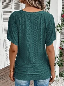 SHEIN LUNE Áo thun ngắn tay cổ chữ V màu trơn mùa hè dành cho nữ - Màu xanh lá cây đậm - Xem 2