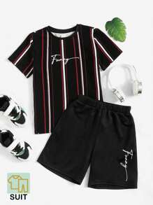SHEIN Tween Boy Block Striped & Letter Graphic Tee & Shorts - Black - View 5