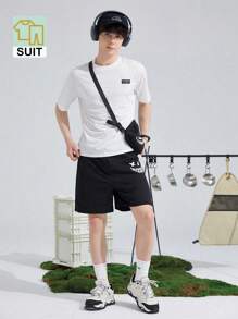 SHEIN Teen Boy Casual Print Patch Round Neck Short Sleeve T-Shirt And Shorts With Crossbody Bag Knit Three-Piece Suit