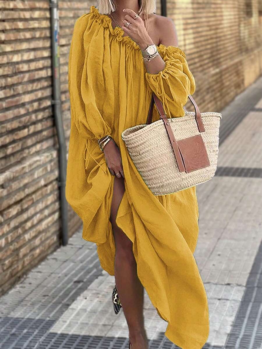 SHEIN LUNE Đầm Maxi Ren Đơn Sắc Cho Nữ Ngày Lễ Trang Phục Nữ - Màu vàng - Xem 1