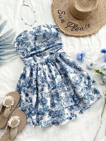 Soleia 夏季迷你连衣裙，带有复古蓝白画花卉建筑印花，褶皱荷叶边分层，适合下午茶派对或度假，可内穿或外穿