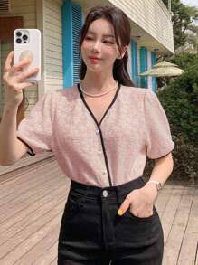 DAZY Color Block V-Neck Short Sleeve Women's Shirt With Edged Lapel Summer,Back To School Clothes - Pink - View 5