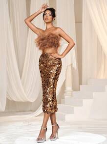 Faeriesty Elegant Stylish Tube Top & Sequin Slit Back Skirt