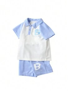 SHEIN Baby Boys' Short Sleeve Knitted Printed Top And Shorts Set - Blue - View 4