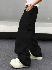 Manfinity EMRG Quần Jeans Nam Màu Trơn Cỡ Lớn Đơn Giản Thường Ngày, Quần Jeans Rộng Trơn Dài Oversize Màu Đen Đã Giặt Quần Cargo, Dành Cho Chồng, Quà Tặng Bạn Trai - màu đen - Xem 3