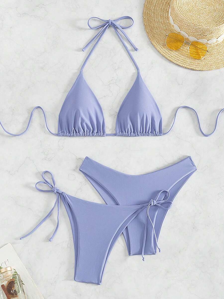 Swim Mod 3 Stücke/Set Damen Bikini in einfarbiger Halter Neck, für Strand im Sommer mit Unterwäsche und Shorts - Grauviolett - Übersicht 1