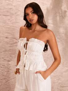 SHEIN BAE Dames Romantische zomer Strandvakantie Sexy Wit Effen Kleur Mouwloos Bandeau-top met meerlaagse bandjes, kant en ruches