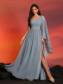 New Arrival High-End Elegant Solid Color Asymmetric Collar Split Thigh Formal Evening Dress For Cocktail Parties - Grey - View 6