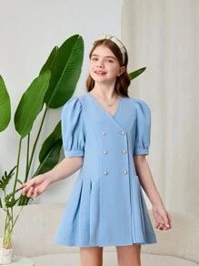 少女夏季優雅V領泡袖甜美簡約百褶拼接連衣裙 - 藍色 - 查看 6
