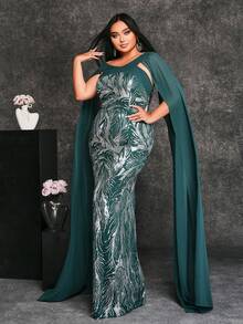 seomiscky Plus Size Sequined Puff Sleeve V-Neck Bodycon Women's Formal Evening Party Dress - Dark Green - View 7