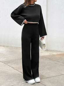 EURMUSE Casual Hand Sticth Contrast Color Hem Detailed Sweater & Sweater Pants Co-Ords - Black - View 5