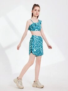 SHEIN 青少年女孩运动服全身印花瑜伽健身跑步骑行透气弹力舒适亲肤不对称领口荷叶边短款上衣和宽松短裤两件套 - 綠色 - 查看 5