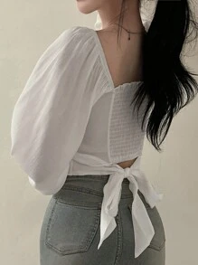DAZY Women's Solid Color Square Neckline Long Sleeve Shirt With Chest Ruching Detail, Summer,Ruffle Babydoll Top - White - View 2