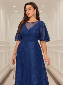 Vestido de noche extra largo de talla grande en unicolor con malla y encaje contrastante - Azul Marino - Ver 3