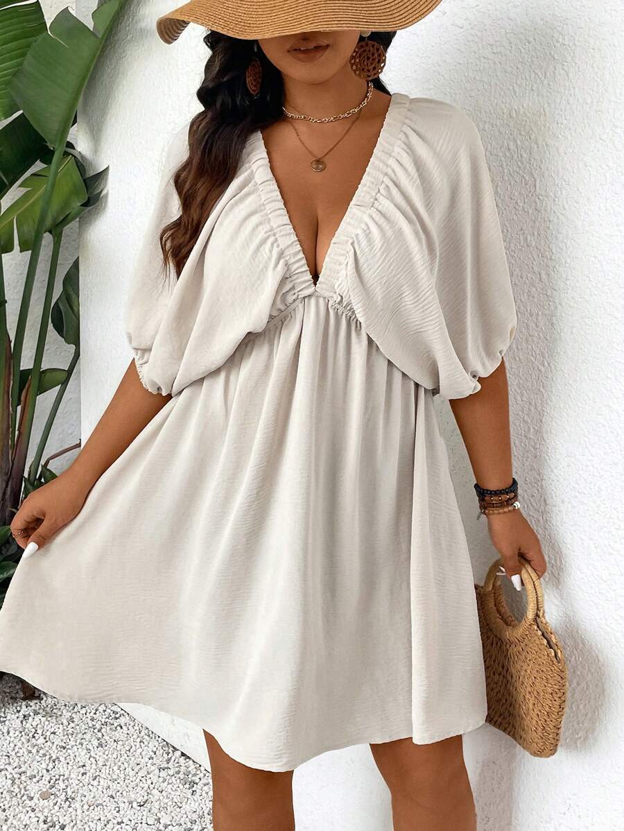 SHEIN Frenchy Thoải mái Tay Phồng Dài Trung Bình Chữ A Plus Kích Thước Kỳ Nghỉ Thường Ngày Đầm Ngắn Váy Mùa Hè Nữ - Màu be - Xem 1