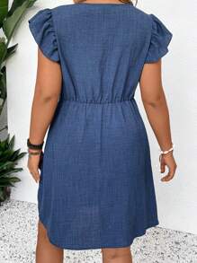 SHEIN Frenchy Plus Size Casual Blue Batwing Sleeve V-Neck Tied Waist A-Line Short Dress Summer Women Dresses - Blue - View 2