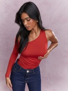 MISSGUIDED Asymmetric One Sleeve Cut-Out Back Bodysuit - Red - View 3