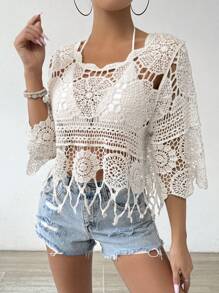 Swim Vcay Women's Solid Color Crochet Beach Cover-Up Top, Suitable For Summer,Summer Beach