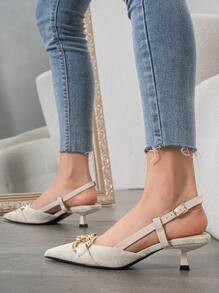 Damen Vintage Blumen Design High Heel Pumps mit Ketten Dekoration, spitzer Zehenbereich, Stilettoabsätze, Kleiderschuhe mit Knöchelriemen und eleganter weiß/beiger Farbe, geeignet für Frühling, Herbst, Outdoor, Alltag und Partys, elegant, Partyoutfits, Kitten Heels - Beige - Übersicht 5