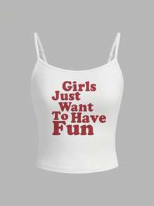 SHEIN EZwear Canotta bianca aderente con slogan inglese rosso casual stampato, adatta per l'estate