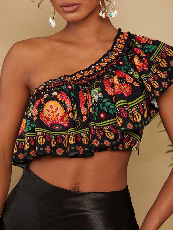 Travachic One Shoulder Vacation Woven Printed Shirt With Ruffle Neckline For Women