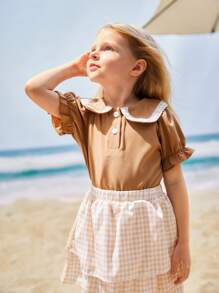 SHEIN Mädchen Urlaubsstil Set mit gerüschtem Kragen Bluse und kariertem, geschichtetem Rock, 2-teilig, Sommer