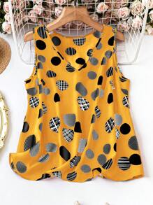 EMERY ROSE Plus Size Casual Vacation Yellow Polka Dot Sleeveless Shirt, For Summer