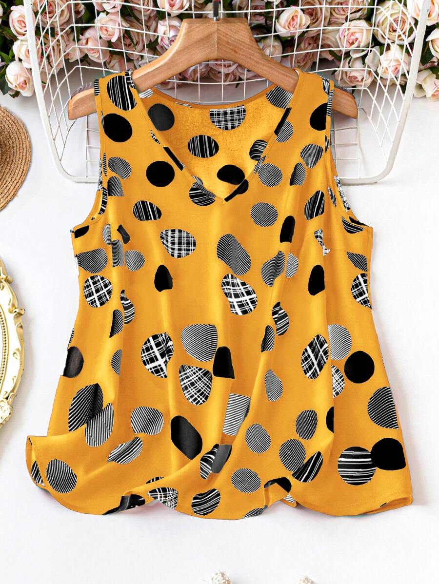 EMERY ROSE Plus Size Casual Vacation Yellow Polka Dot Sleeveless Shirt, For Summer