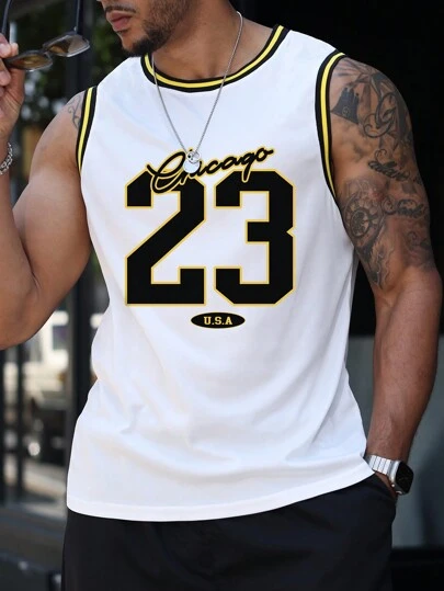 Manfinity Homme Men's Street Collegiate Sports Style, INS Matched With A High Street Black And Gold Colored Digital Print Jersey Featuring An Oversized Number "23" And "Los Angeles" Letters. This Black Sports Tank Top Showcases Oversized Graphic Letter Prints On Both The Front And Back. With A Loose Fit, It Is Suitable For Music Festivals And Everyday Outfits. An Excellent Gift For Boyfriends Or Husbands, It Represents Street Jersey Fashion And Y2K Style. It Is Also Perfect For Pairing In All Four Seasons, Especially Spring And Summer. Men's Printed Tank Top, Fashionable For Summer , Los Angeles Basketball Jersey ,Summer