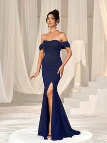 Faeriesty Shiny Off-Shoulder High-Slit Mermaid Hem Formal Party Dress - Navy Blue - View 4