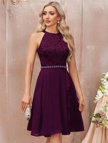 MIUSOL Floral Lace Backless Ruffle Hem Chiffon Prom Dress, Elegant Semi-Formal Wedding Guest Dress, Suitable For Birthday, Graduation, Homecoming And Other Occasions, For Valentine's Day - Maroon - View 7
