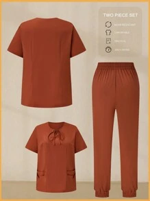 SHEIN TaskFit Conjunto de uniforme de verano de talla grande con parte superior de manga corta con bolsillo y cuello con lazo en unicolor, y pantalones con cordón, Uniforme y ropa de trabajo de talla grande - Rojo - Ver 2