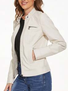 Jaqueta de Manga Longa com Zíper e Gola Sólida para Mulheres