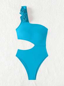SHEIN Swim Summer Beach Asymmetric Neckline Hollow-Out Plain Floral Sticker One-Piece Swimsuit - Baby Blue - View 3