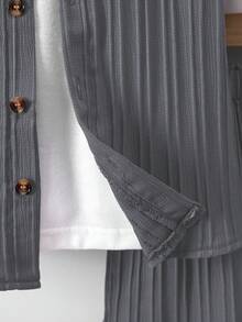 SHEIN 男童夏季純色短袖休閒襯衫和短褲2件套裝 - 灰色 - 查看 7