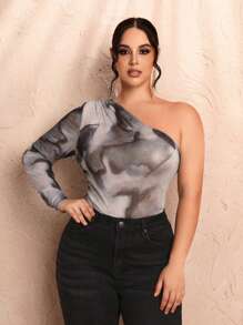 SHEIN BAE Plus Size Asymmetrical Sloping Shoulder All-Over Tie-Dye Pattern Mesh See-Through Fungus Long-Sleeved Tight T-Shirt