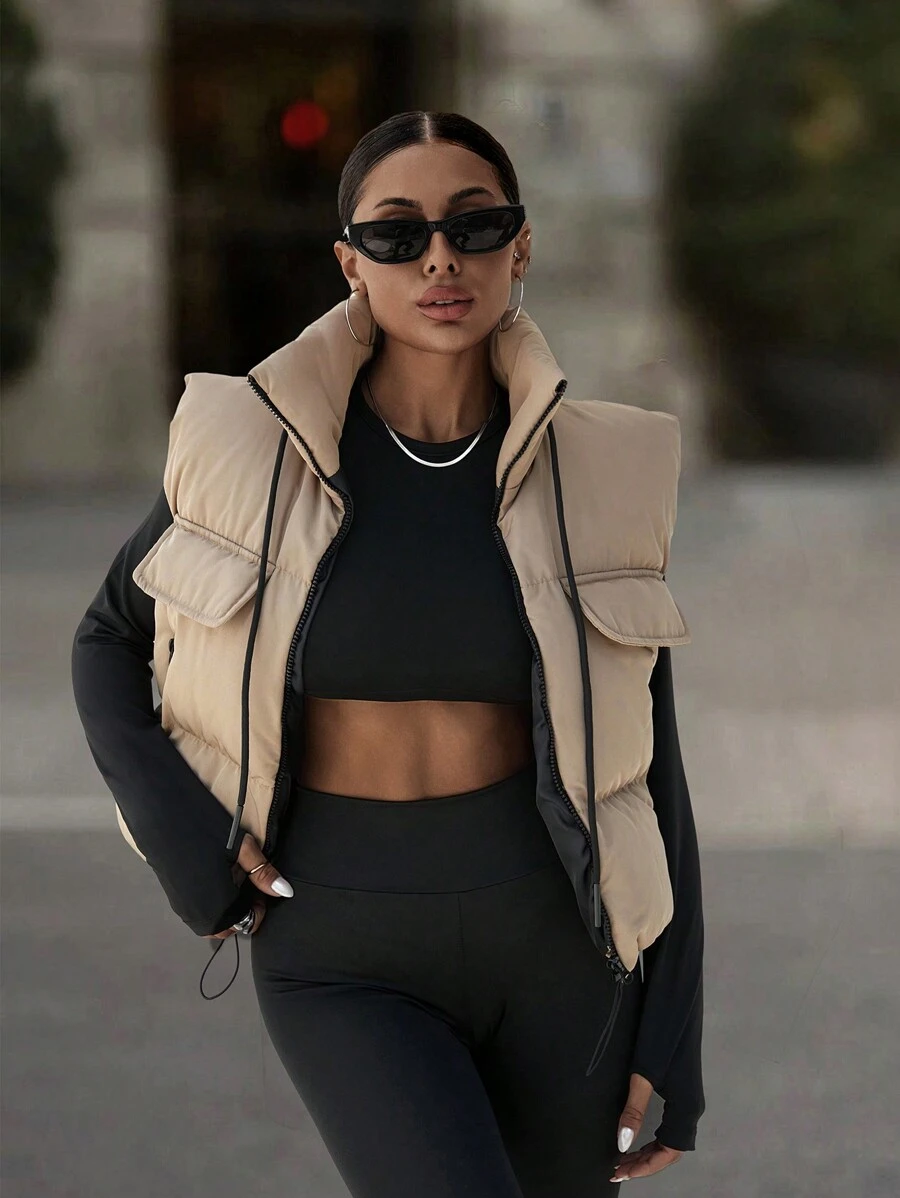 EURMUSE Zip Up Pocket Padded Vest With Pocket - Beige - View 1