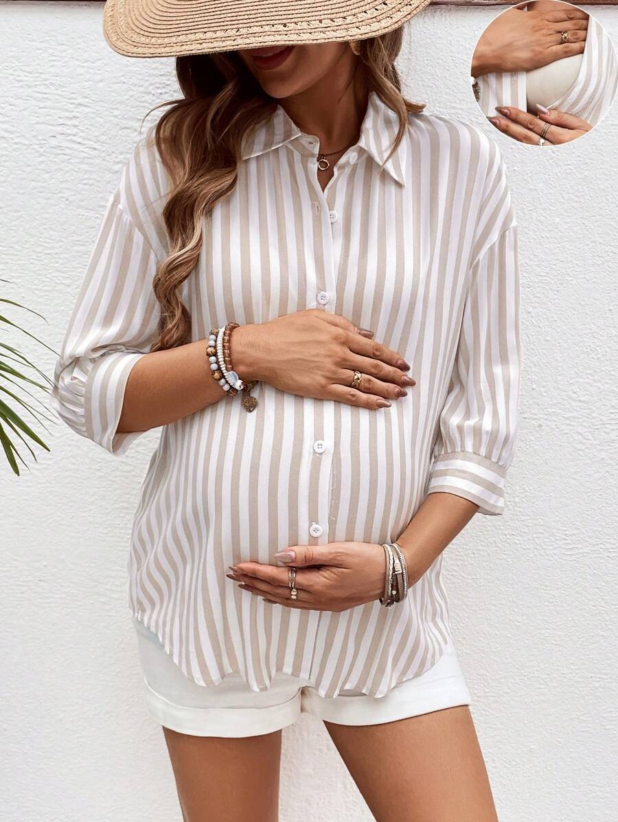 SHEIN 孕妇户外轻质纽扣式哺乳衬衫 - 卡其色 - 查看 1